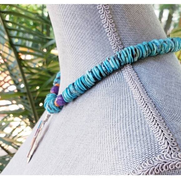 Artisan Southwestern Turquoise Necklace Sterling Silver Feather 18" - Picture 2 of 5